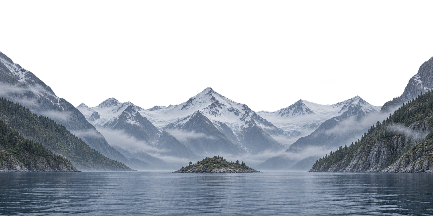 Snowy fjord mountains, a small central island and calm water.