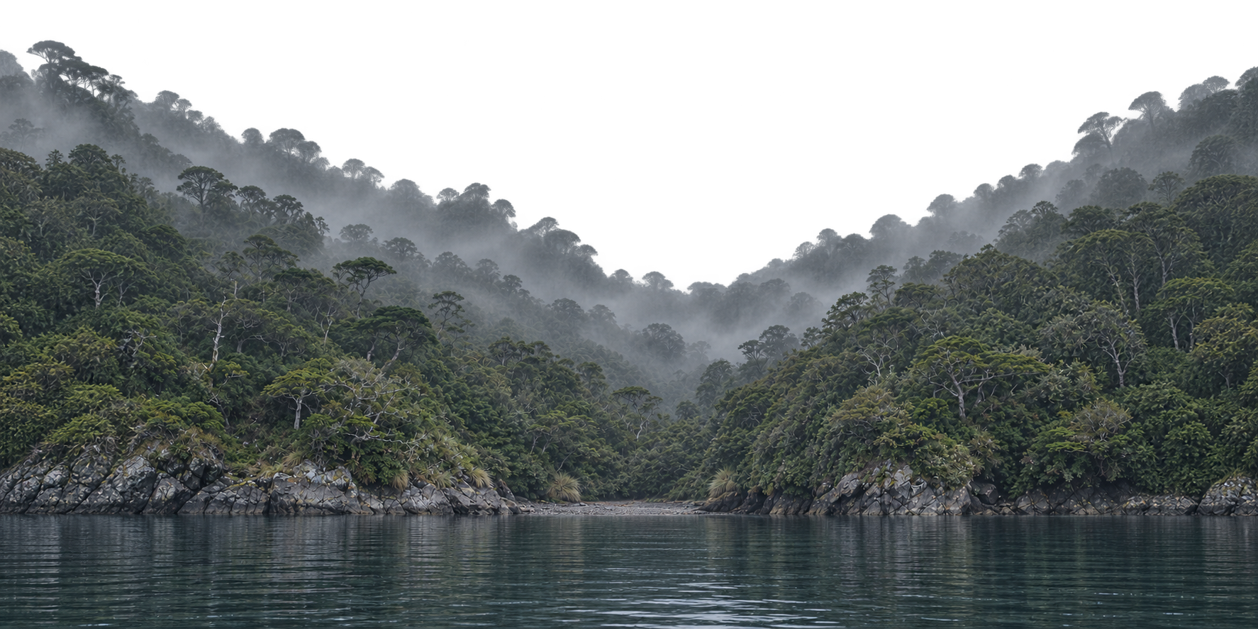 Misty forest banks and rocky shore framing a quiet inlet at water level.