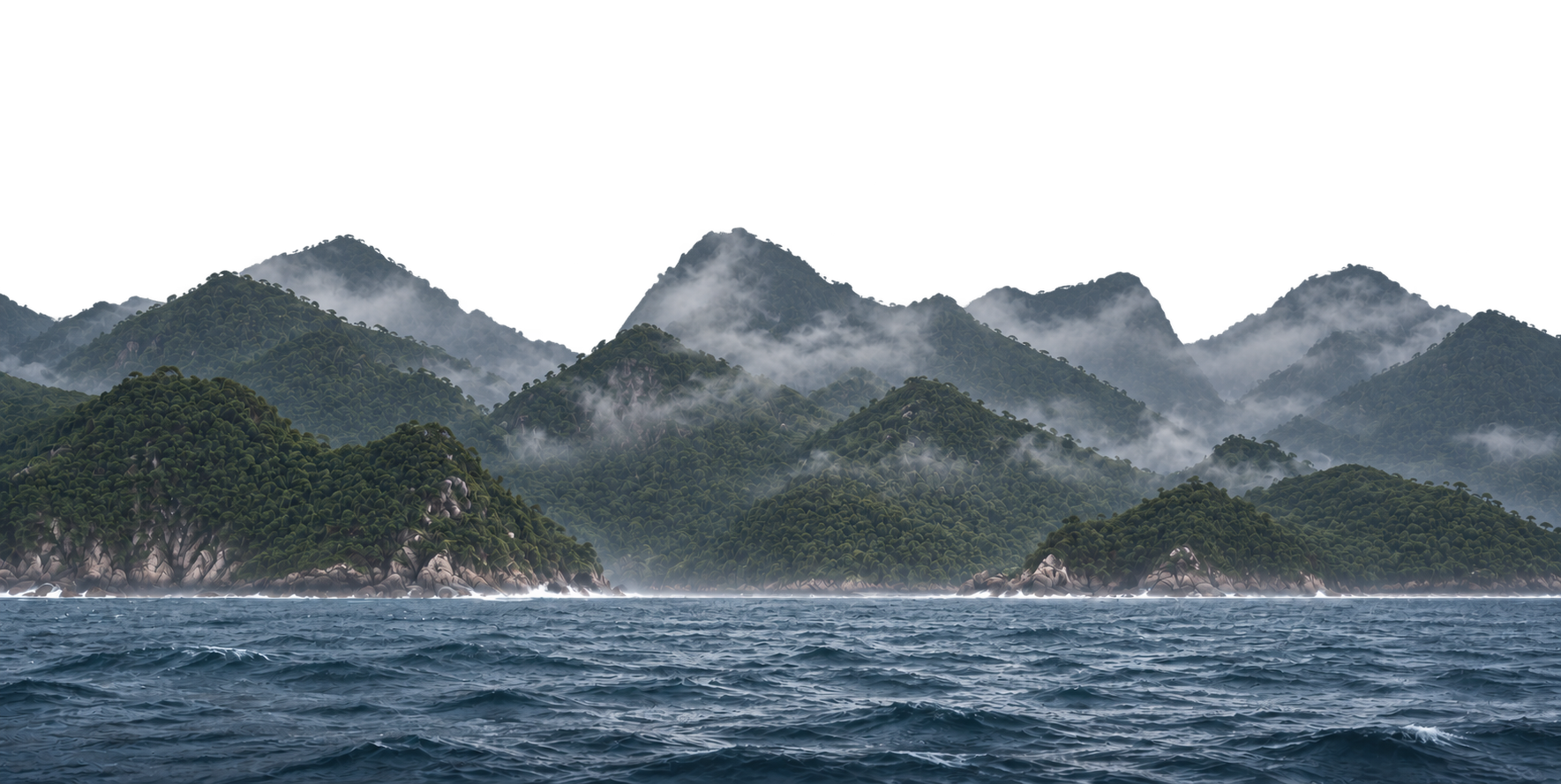 Misty forested island peaks and a rocky shoreline beyond blue-gray ocean waves.