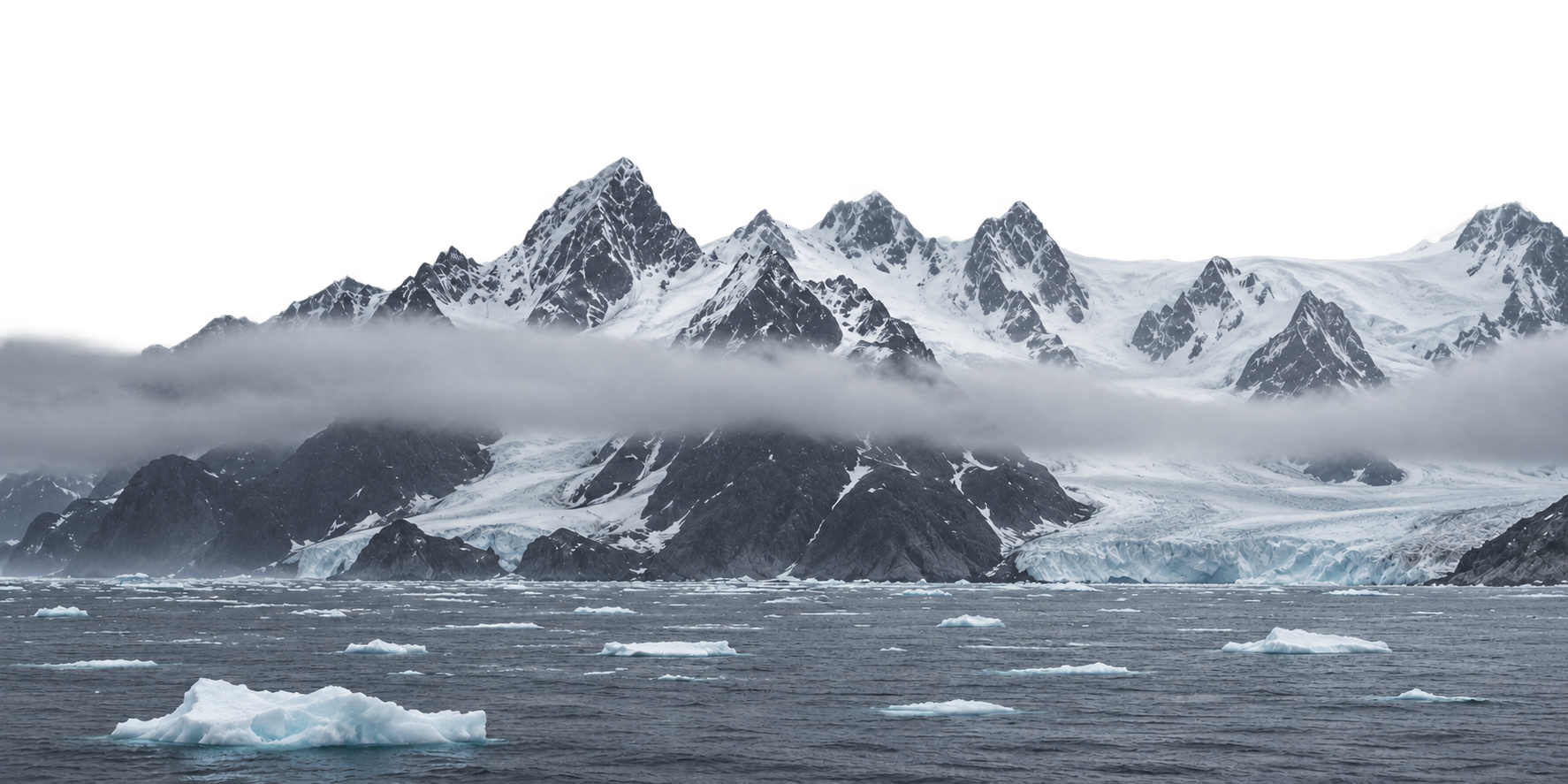Snowy polar peaks and a glacier beyond dark water dotted with floating ice.