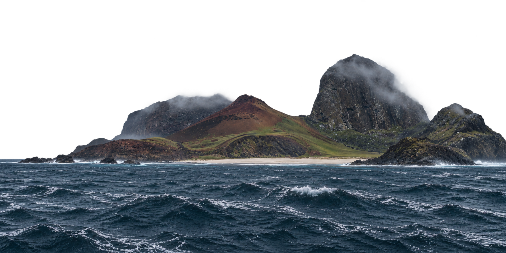 Dark rocky island cliffs, muted rust and green hills, a narrow beach and rough sea.